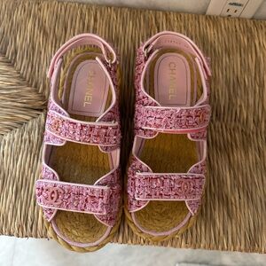 Authentic Chanel pink tweed dad sandals